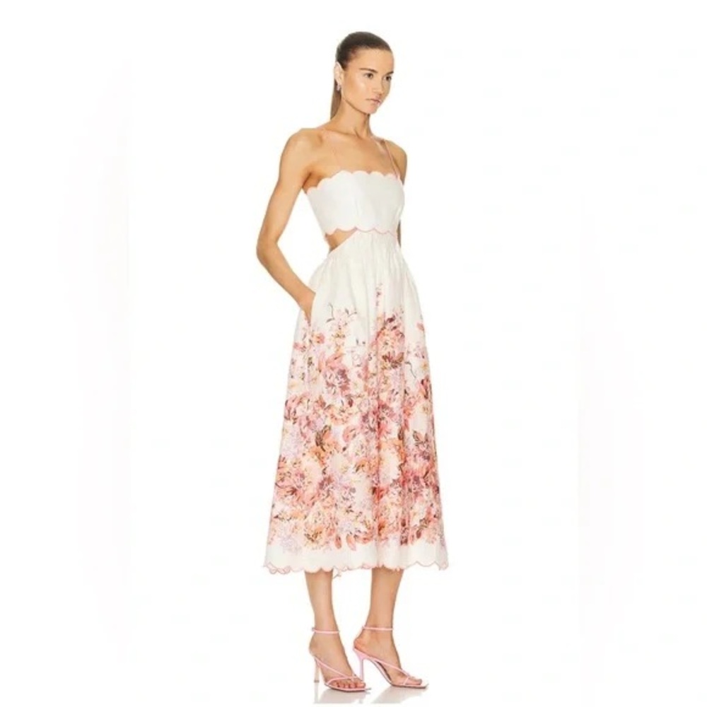 Zimmermann White Strapless Scallop Floral Midi Dress with Pink Accents